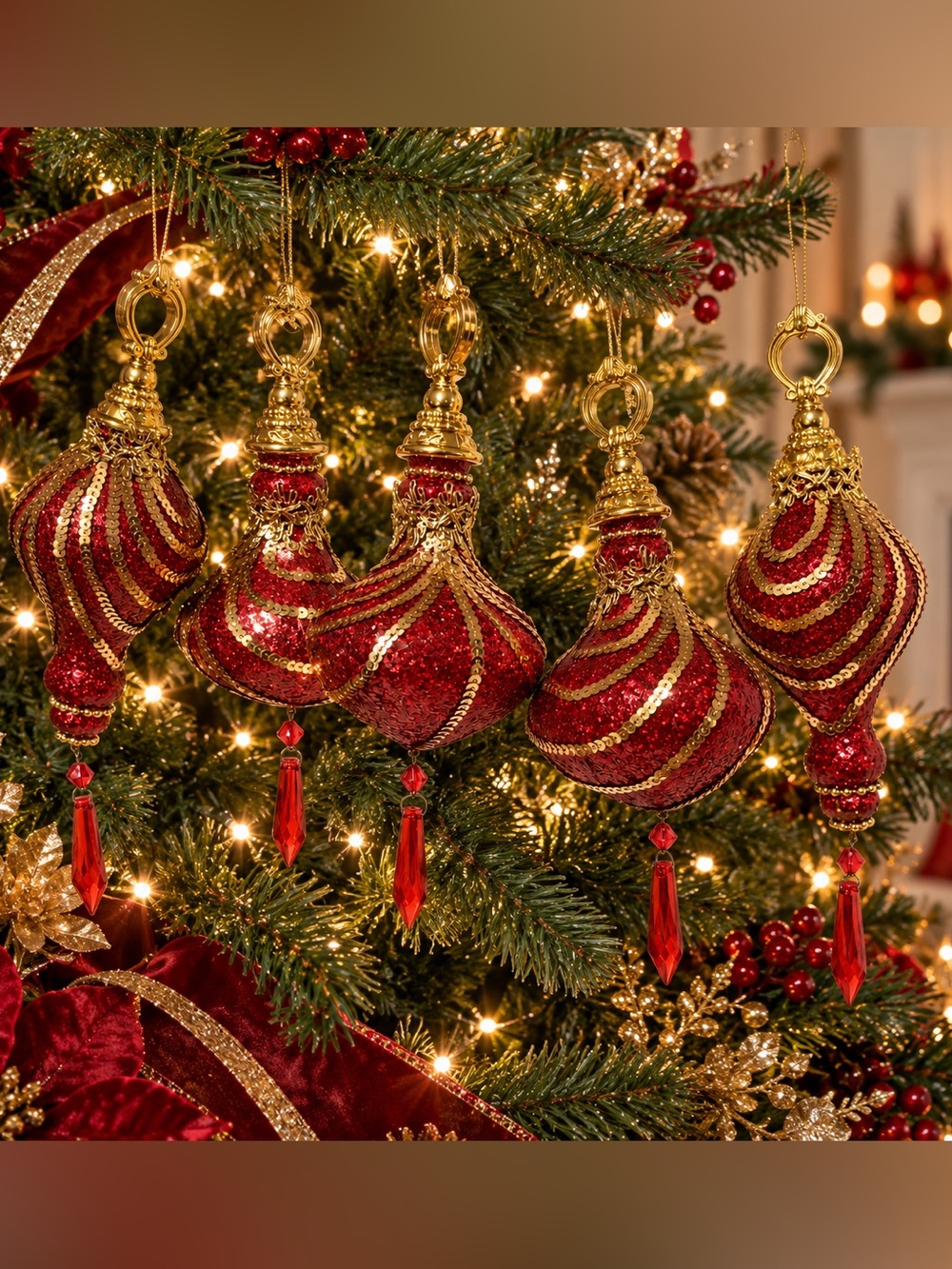 5 Pc Red Gold Sequined Finial Christmas Ornaments Teardrop Tassel Decor